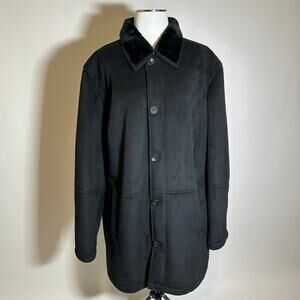 Liz Claiborne Black Faux Suede Button Up Faux Fur Lined Jacket Mens XL Vintage